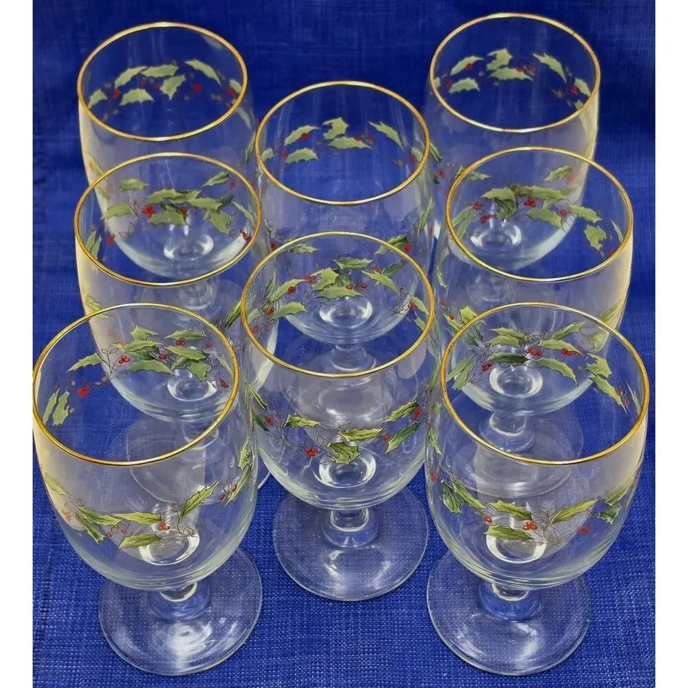 Royal Limited Holly Holiday Goblets Gold Rim Set of 8 Glasses